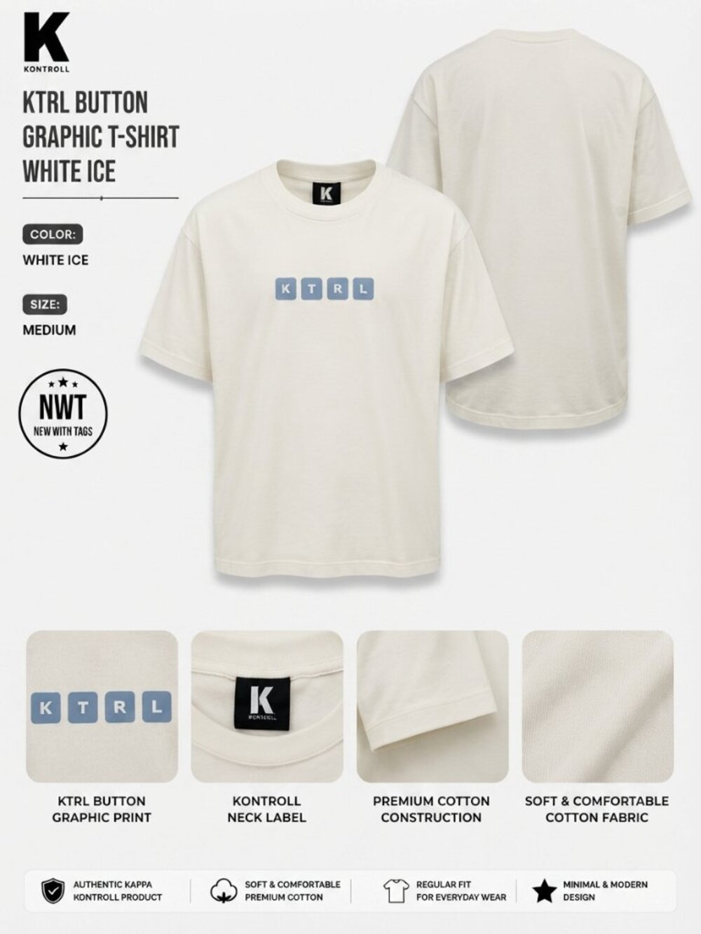 NWT Kappa Kontroll KTRL Button Graphic T-Shirt White Ice Size M